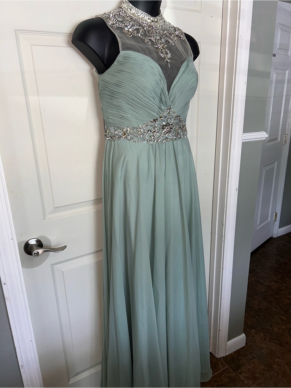 Nina Canacci Sage Green Beaded Illusion Neck Maxi Dress